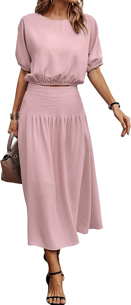 ECOWISH Women's Dresses 2023 Two Piece Outfits for Women Summer 2 Piece Dress Pleated Midi Skirt ... | Amazon (US)