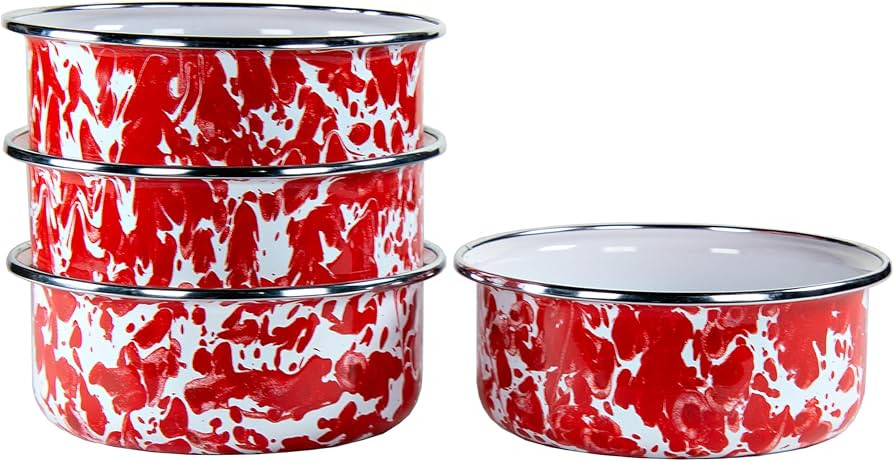 Golden Rabbit Enamelware Soup Bowls with Lids, 14 ounce, Red Swirl, Set of 4 | Amazon (US)