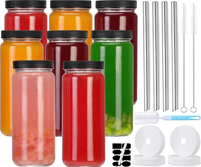 ASANMEYO 8 Pack Glass Juice Bottles with 4 Straws & 4 Lids w Hole- 16 OZ Travel Drinking Jars, Wa... | Amazon (US)