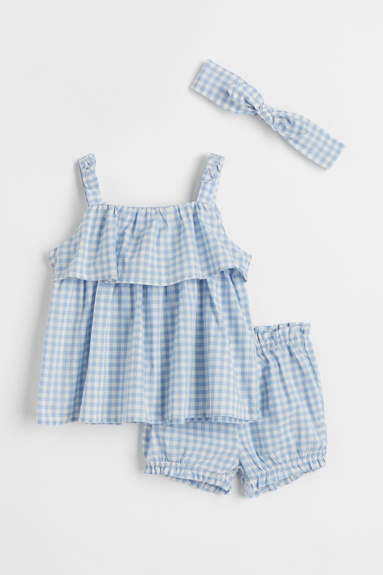 New ArrivalSet with a top, puff pants, and hairband in soft, woven cotton fabric. Top with wide s... | H&M (US + CA)