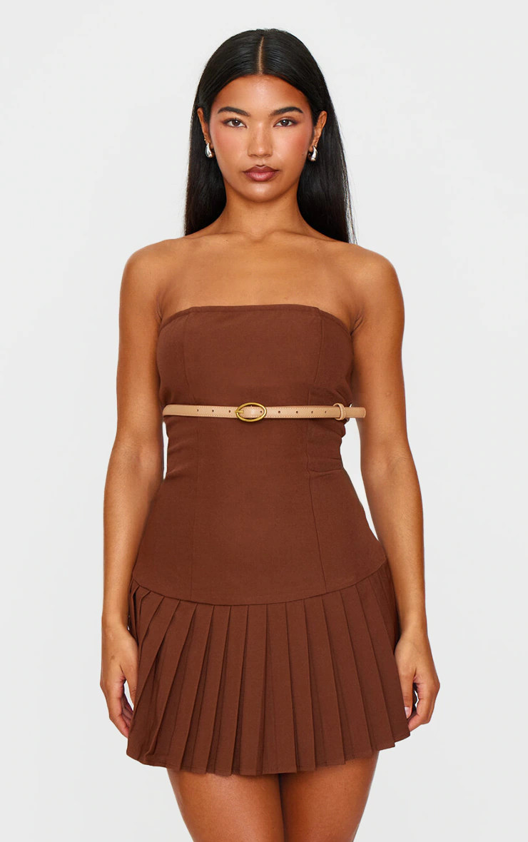Chocolate Brown Belted Pleated Skirt Bodycon Dress | Dresses | PrettyLittleThing US