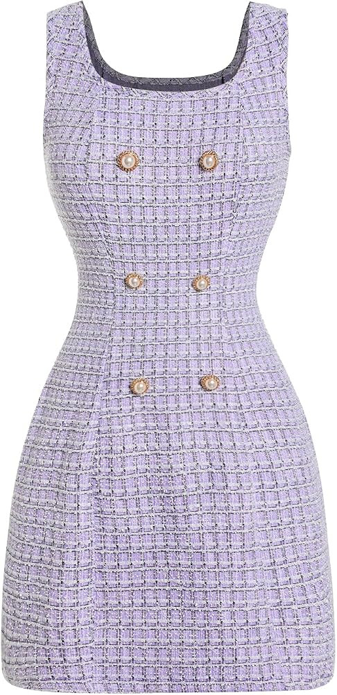 Floerns Women's Plaid Tweed Dress Sleeveless Square Neck Elegant Work Mini Dress | Amazon (CA)