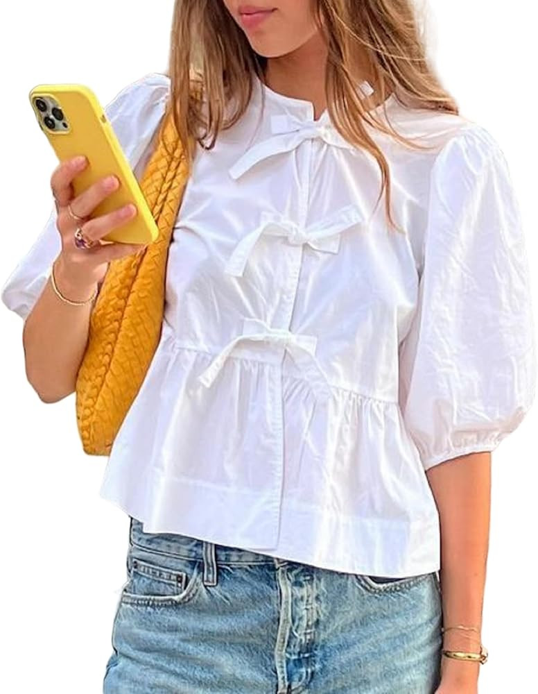 Women Y2k Peplum Shirt Puff Short Sleeve Lace Up Bow Blouse Tie Open Front Ruffle Hem Blouses Top... | Amazon (US)