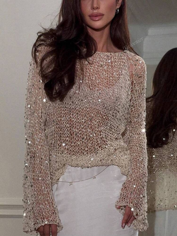 Yuwenier Sexy Hollow Out Sheer Sequin Versierd Haakwerk Cover-Up Vleermuismouwen Lange Mouwen Los... | SHEIN