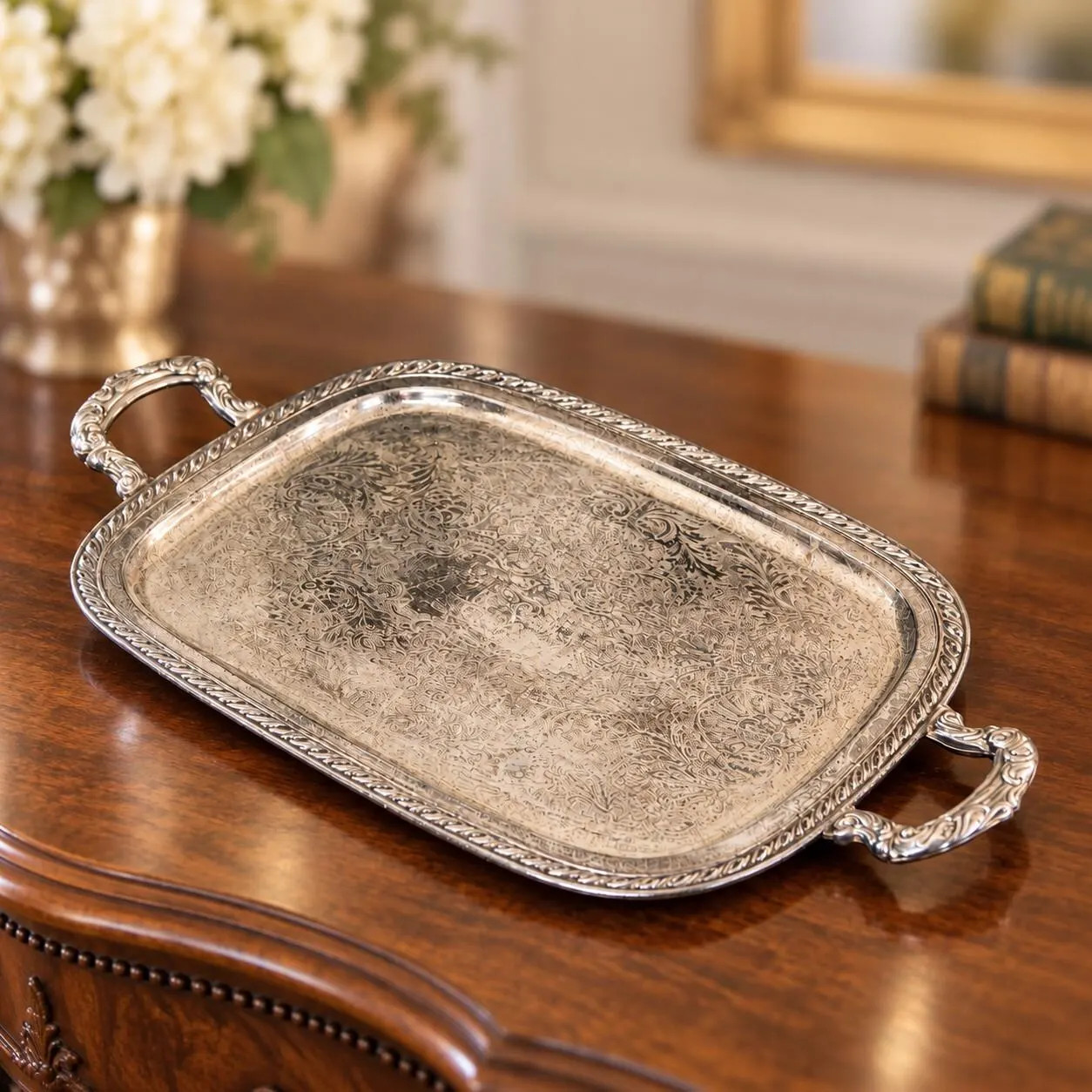 Antique Silverplate Serving Tray Engraved Floral Ornate with Handles 21.5" | Etsy (Global)