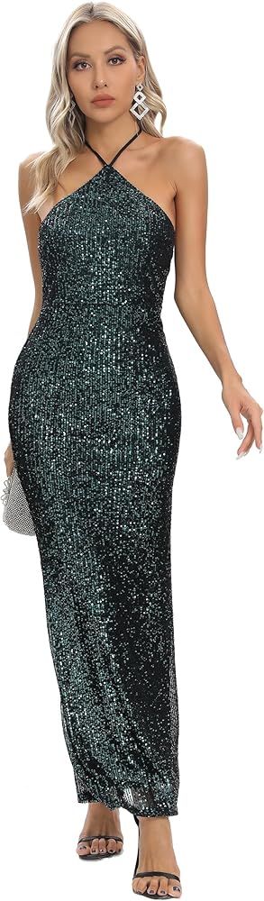 JLCNCUE Women Halter Neck Maxi Dress Open Back Sparkly Sequin Evening Gown Back Hem Slit Bodycon ... | Amazon (US)