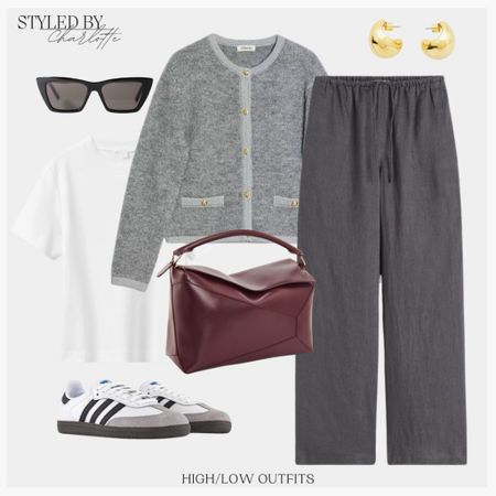 High/low outfits, linen trousers, white tee, grey cardigan, minimal outfits, burgundy bag, Loewe puzzle, sambas 

#LTKeurope #LTKstyletip #LTKSeasonal