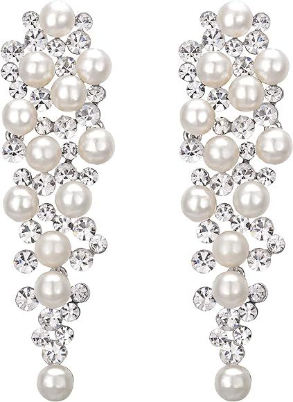 BriLove Women's Wedding Bridal Crystal Simulated Pearl Multi Beaded Cluster Chandelier Dangle Ear... | Amazon (US)