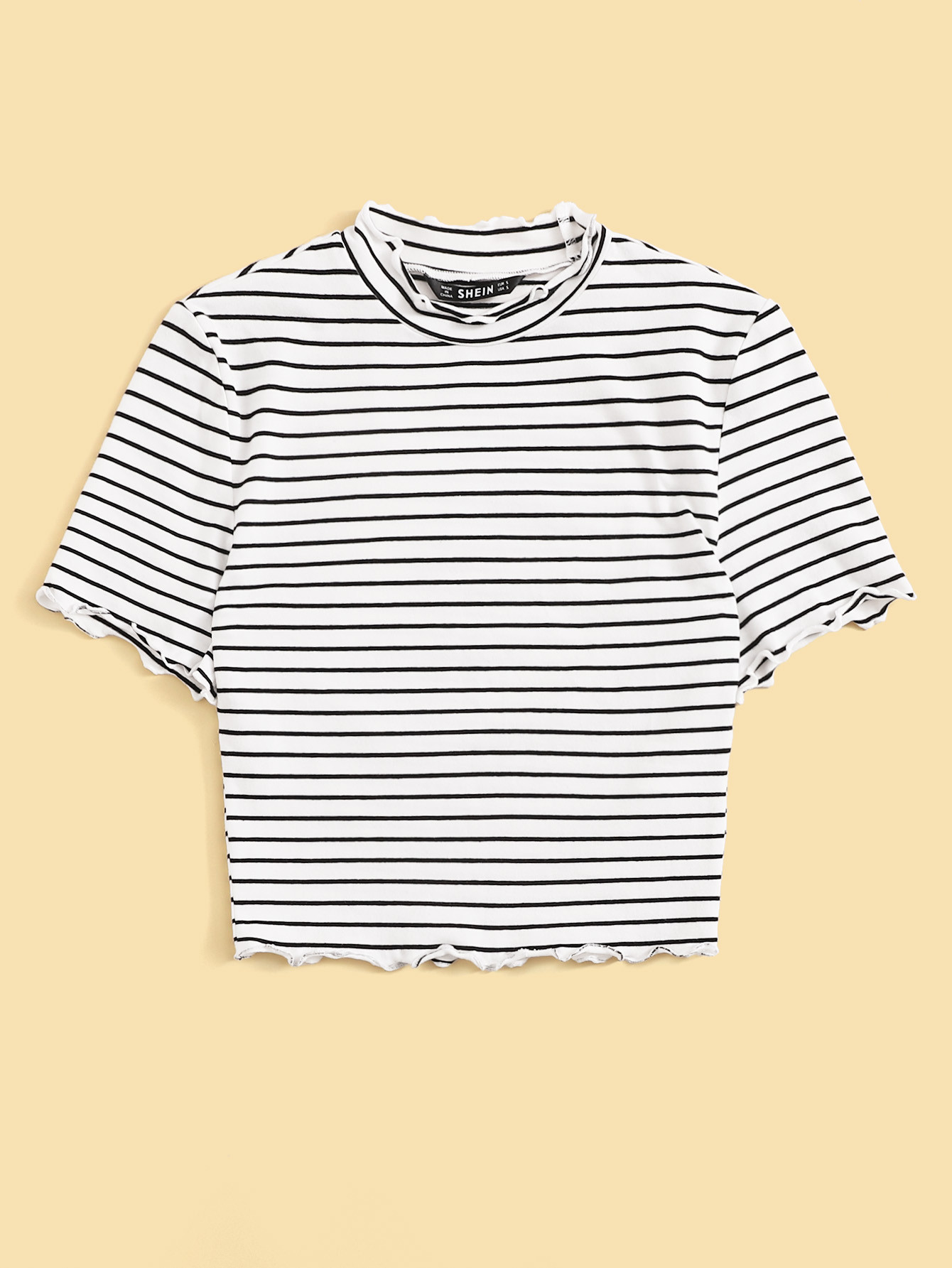 Mock Neck Lettuce Trim Striped Tee | ROMWE