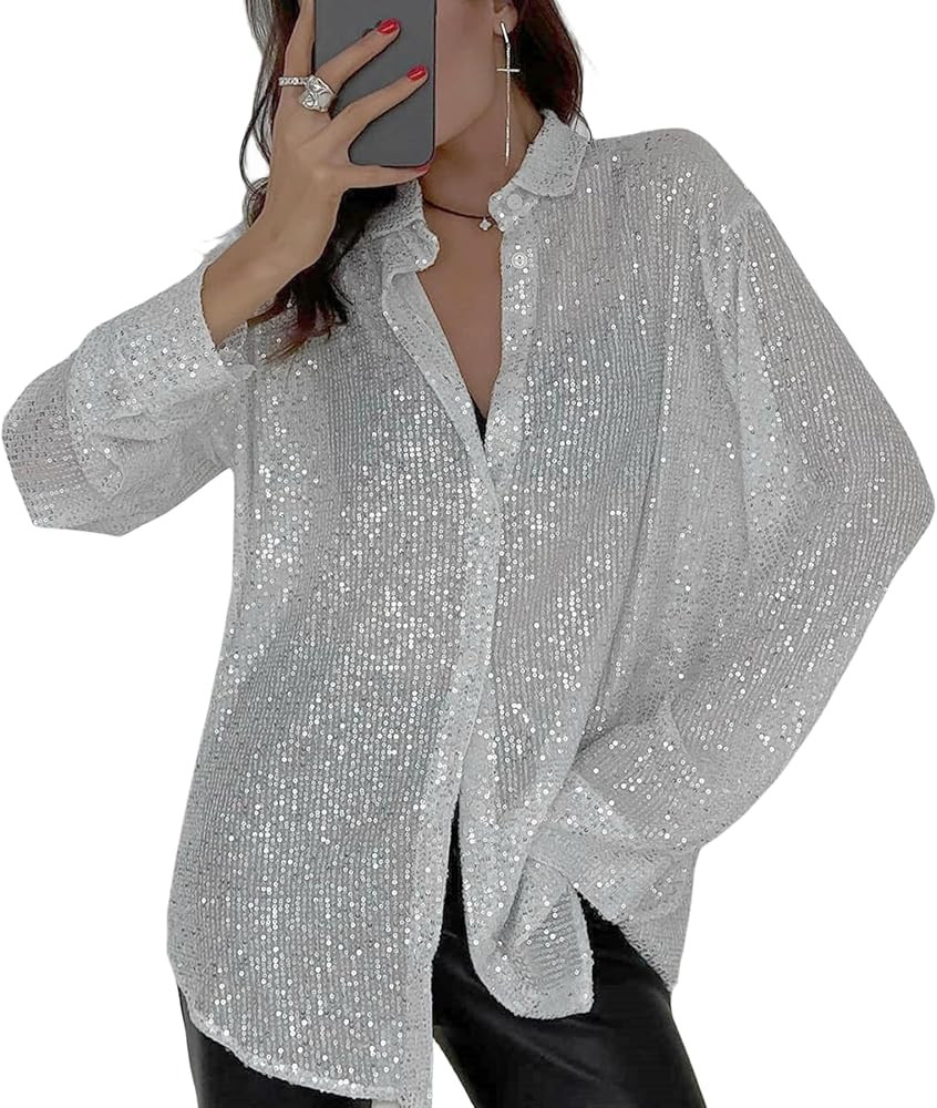 AMPOSSTO Womens Sequins Long Sleeve Collared Shirt Button Down Open Front Shirt Loose Blouses Shi... | Amazon (US)