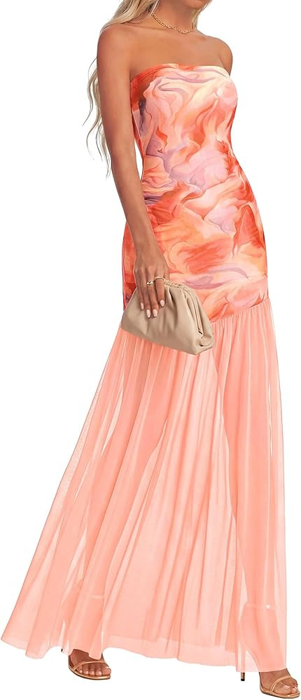KIRUNDO Wedding Guest Dresses for Women 2026 Summer Strapless Bodycon Floral Maxi Mesh Tulle Hem ... | Amazon (US)