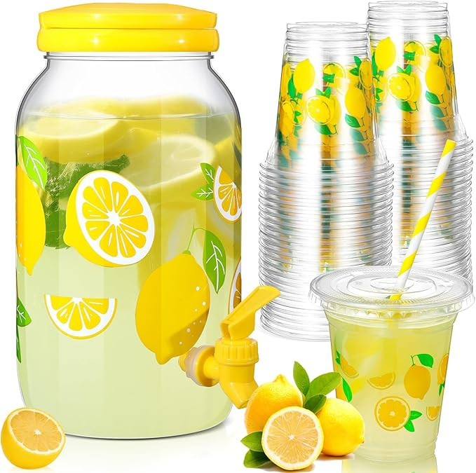 Umigy Lemonade Stand Supplies, 1 Gallon Plastic Drink Dispenser with Spigot, 100 Pcs 16 oz Lemon ... | Amazon (US)
