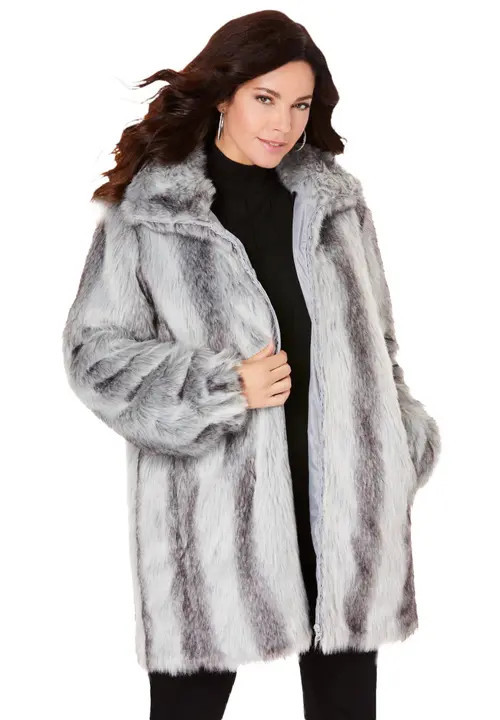 Roaman's Plus Size Mid Length Hooded Faux Fur Coat in Chinchilla at Nordstrom, Size 2X | Nordstrom