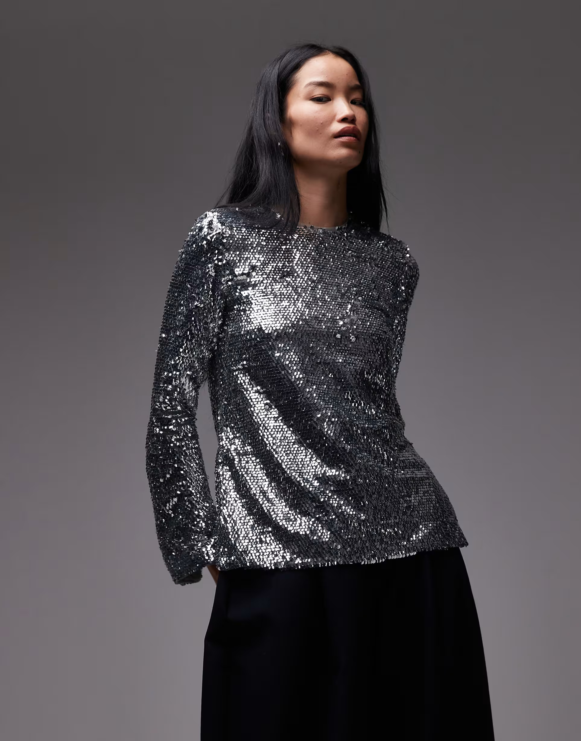 ARKET long sleeve keyhole back sequin top in silver | ASOS (Global)
