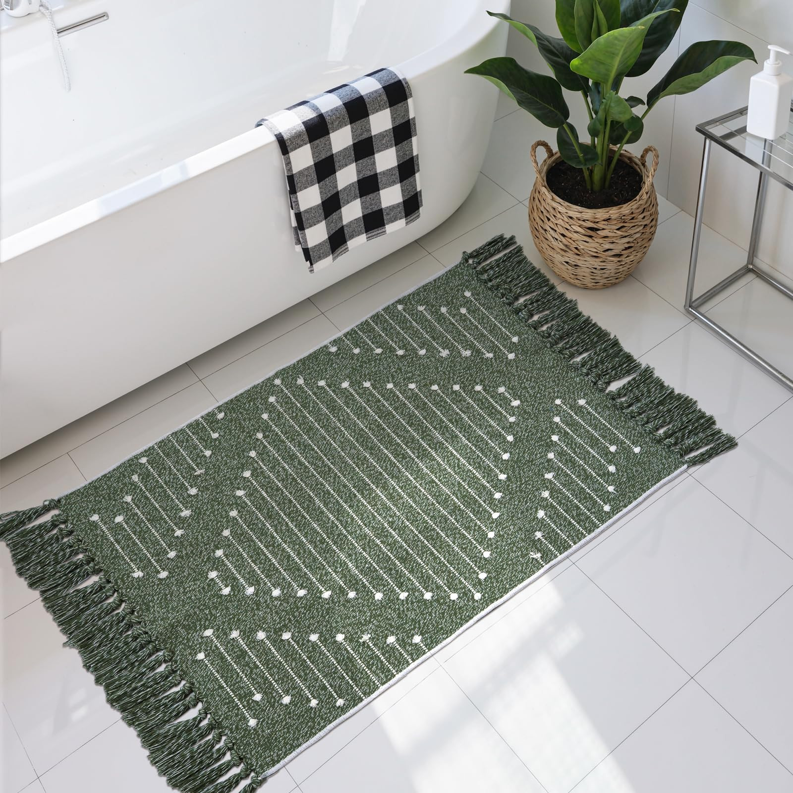 LIVEBOX Boho Green Bathroom Rug, Woven Bath Mat with Tassel Washable Cotton Blend Small Area Rug ... | Amazon (US)