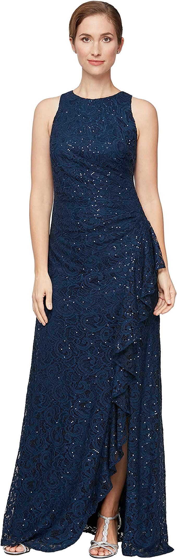 Alex Evenings Women's Long Sleeveless Cascade Ruffle Detail Dress with Front Slit | Amazon (US)