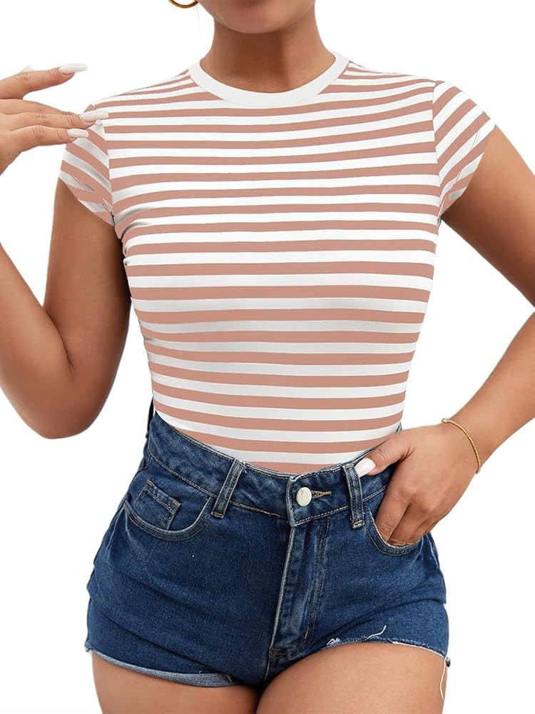 LilyCoco Womens Striped Shirt Short Sleeve Colorblock Tops Crew Neck Fitted Tshirts | Amazon (US)