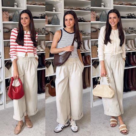 3 ways to style these comfy modern cuffed pants! 🤍

Pants: true to size (S) oversized fit, size down if between 

Red and white stripe cardigan: true to size (S)
Mesh rhinestone ballet flats: true to size, size down if between 
Mini woven bag 

Stripe high neck tank: tts (S)
Sambas: tts or size down if between

Lace cardigan: true to size (S)

Ivory ballet flats: size up half
Sandals: true to size

Ways to wear / outfit inspiration / business casual 

#LTKshoecrush #LTKstyletip #LTKfindsunder100