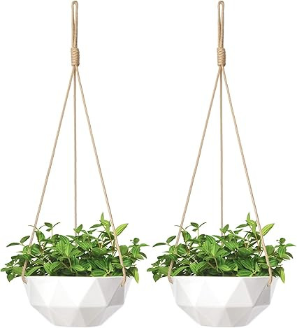 Mkono 9 Inch Ceramic Hanging Planter Indoor Outdoor Modern Geometric Flower Plant Pot White Porce... | Amazon (US)