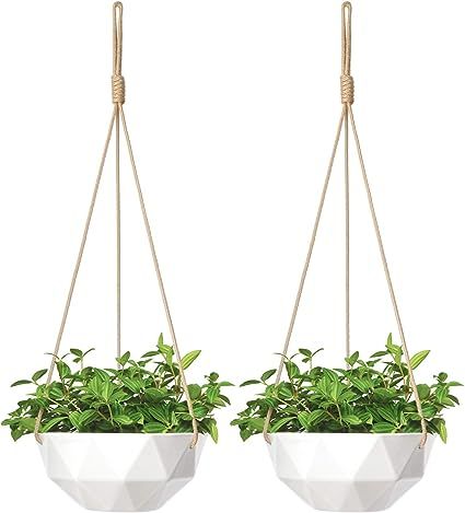 Mkono 9 Inch Ceramic Hanging Planter Indoor Outdoor Modern Geometric Flower Plant Pot White Porce... | Amazon (US)