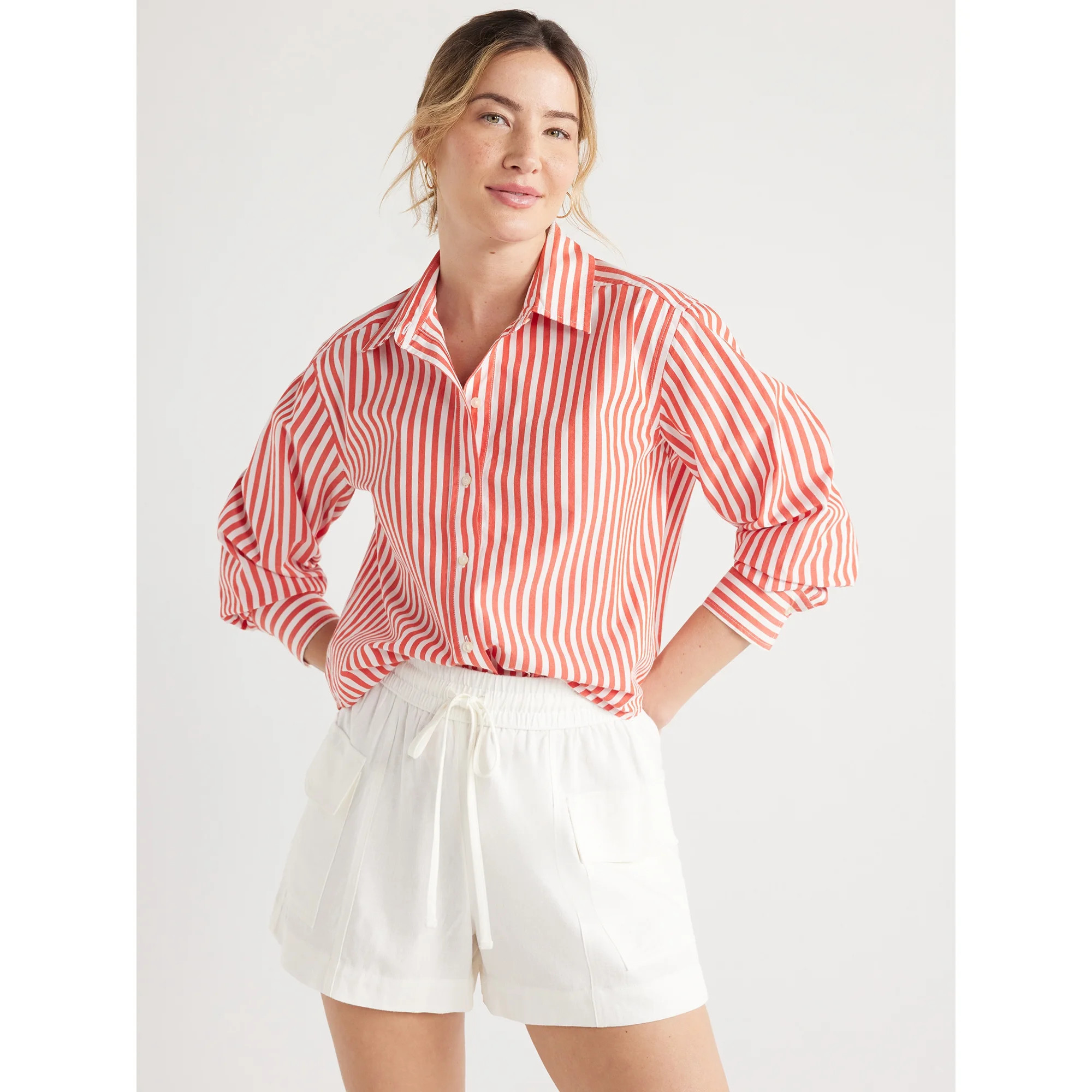 Free Assembly Women’s Cotton Cropped Button Down Shirt with Long Sleeves, Sizes XS-XXL | Walmart (US)