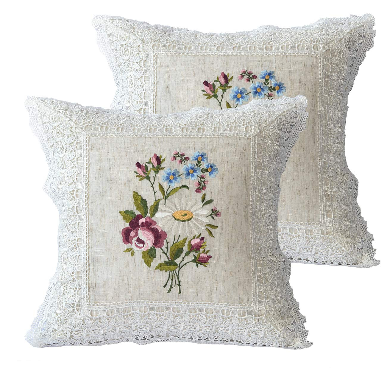 K MASANIJI Embroidered Floral Throw Pillow Covers Set of 2, 18x18 inches Farmhouse Cottage Garden Pi | Amazon (US)