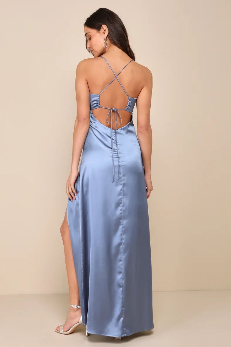 Stunning Example Slate Blue Satin Pleated Backless Maxi Dress | Lulus