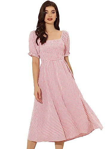 Allegra K Gingham Dress for Women's Peasant Smocked Puff Sleeve Checkered Fit and Flare Midi Dresses Medium Watermelon Pink | Amazon (US)