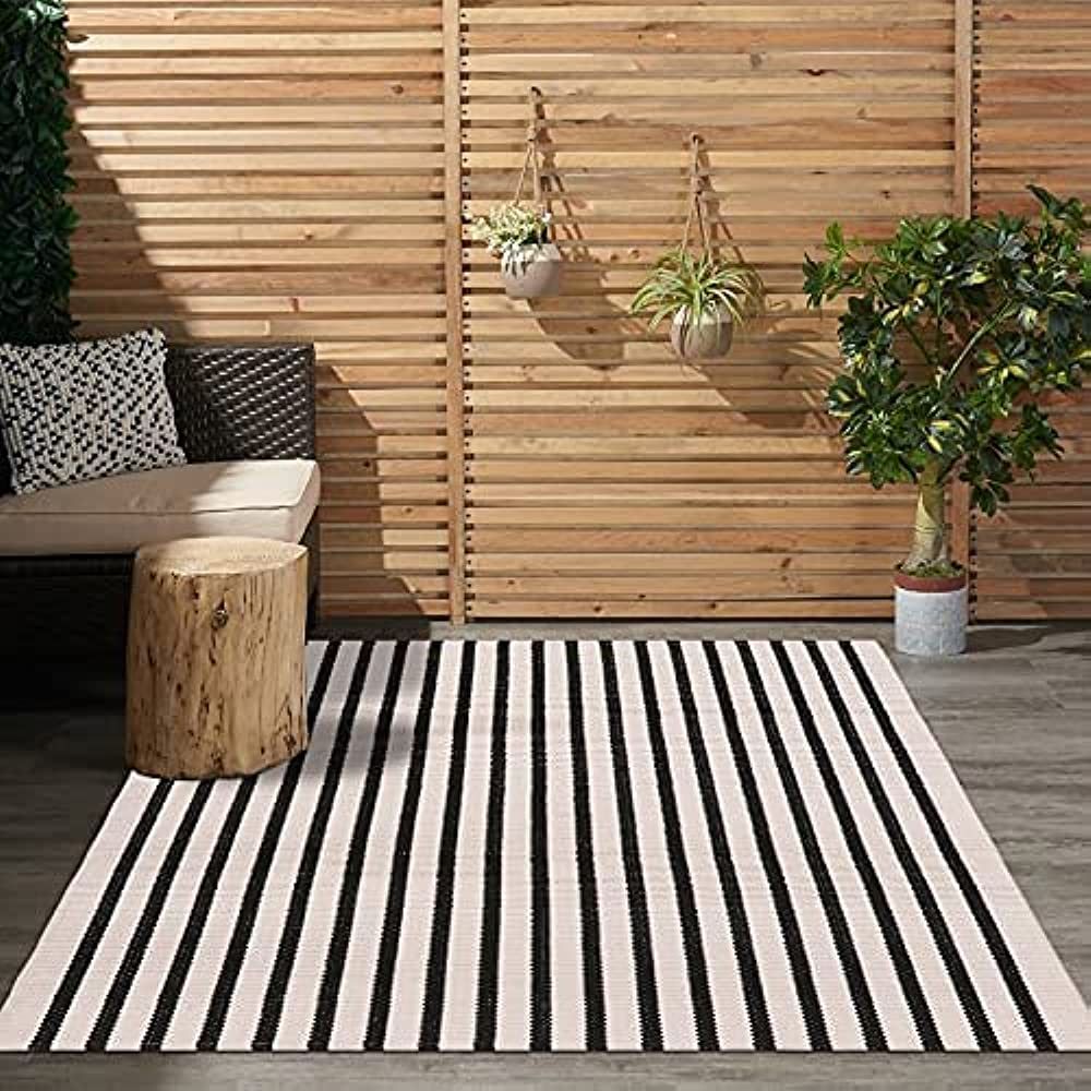 LEEVAN Black and White Striped Area Rug 3x5 ft Outdoor Patio Rugs Woven Washable Farmhouse Floor ... | Amazon (US)