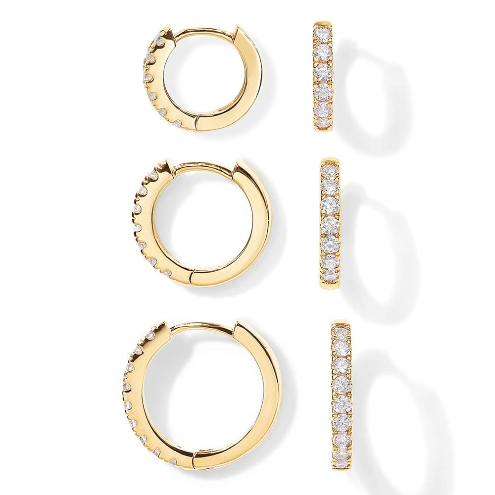 PAVOI 18K Gold Plated 925 Sterling Silver Posts 3 Pairs Hoop Earrings Set for Women | Huggie Earr... | Amazon (US)