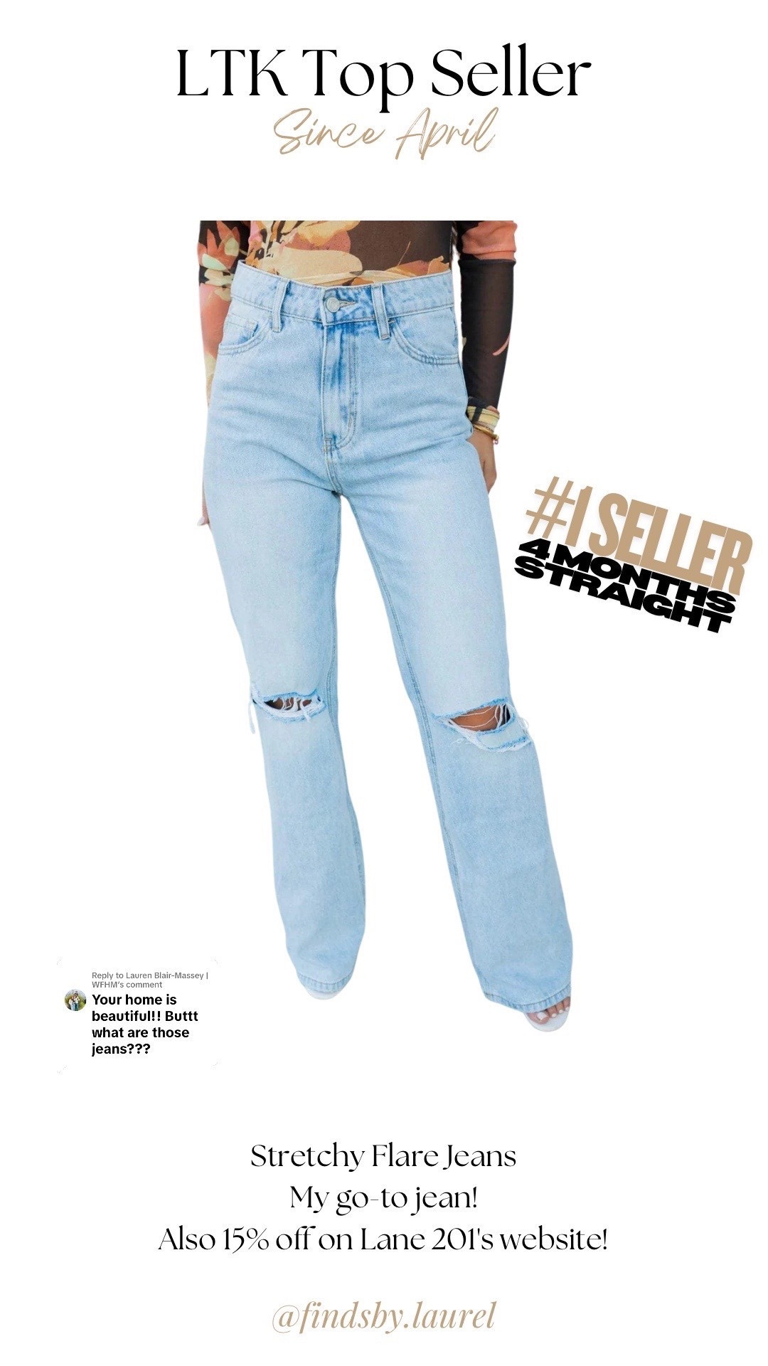 My #1 best-seller since April 🙌✨ These stretchy flare jeans have been my go-to pair and they’re still 15% off on Lane 201’s website! Trust me, you’ll live in these. 💙

⸻

#LTKTopSeller #LTKDenim #BestSeller #WardrobeStaple #EverydayStyle #StretchyJeans #FlareJeans #CasualStyle #LTKFinds #OOTDStyle #LTKUnder50 #MomStyle #StyleInspo #AffordableFashion #Lane201