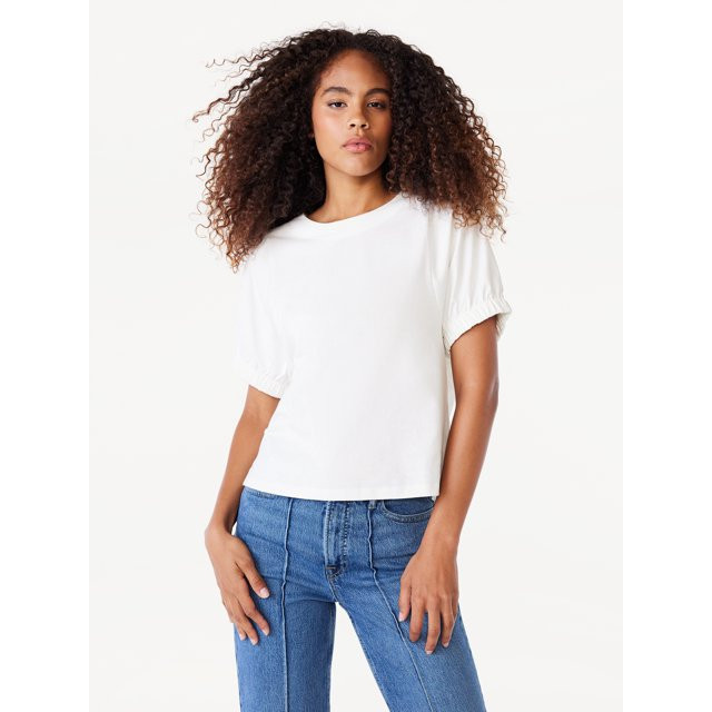 Free Assembly Women's Puff Sleeve Tee with Elasticized Cuffs, Size XS-XXXL | Walmart (US)