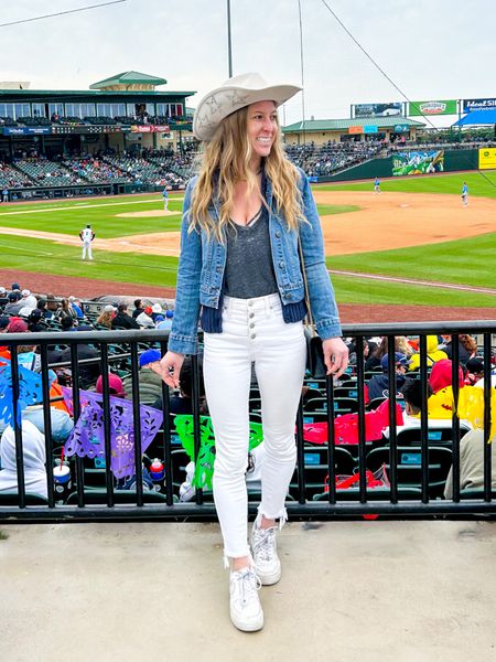 Sugar Land Space cowboys baseball outfit - love the ivory white cowboy hat with silver rhinestone stars - would be so cute for a Dallas cowboys football game outfit or a Texas bachelorette party. 

#LTKstyletip #LTKfit #LTKunder100