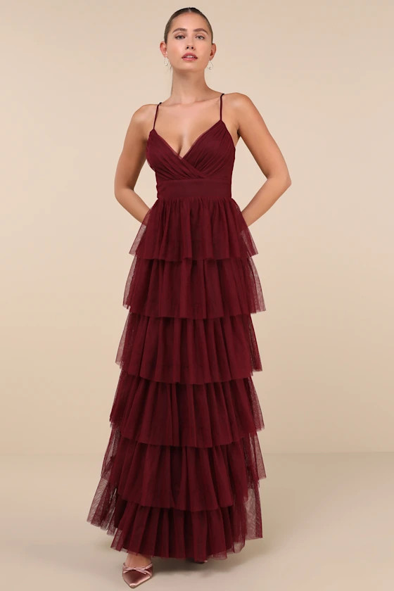 Rule the Runway Burgundy Tulle Surplice Tiered Maxi Dress | Lulus