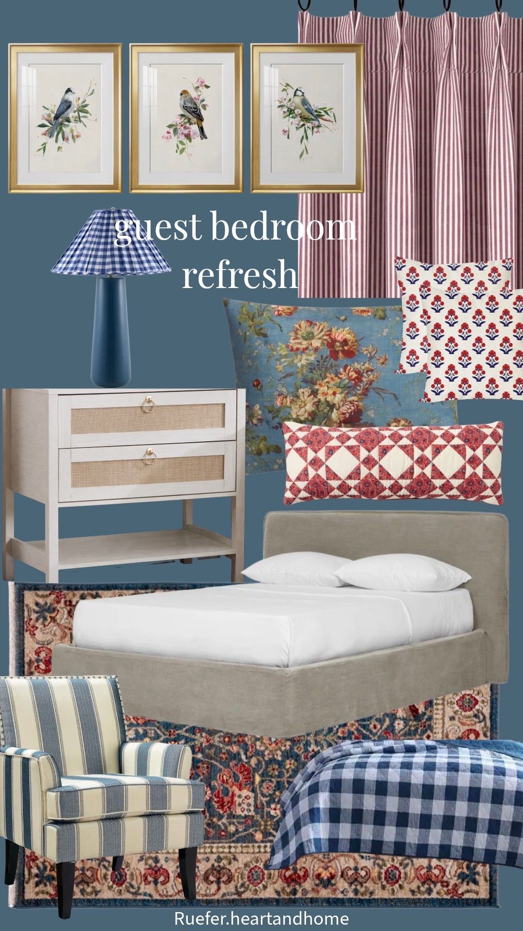 Sharing my mood board for a guest bedroom refresh. I always start with a design board before I start ordering items. I’ll be adding additional finishing touches, but this is my starting point… nightstand, framed bird art, patchwork quilt pillow, block print pillow covers, floral sham, rug, striped upholstered chair, red stripe pinch pleat curtains, blue lap with pleated gingham lampshadee

#LTKHome #LTKSaleAlert #LTKSeasonal