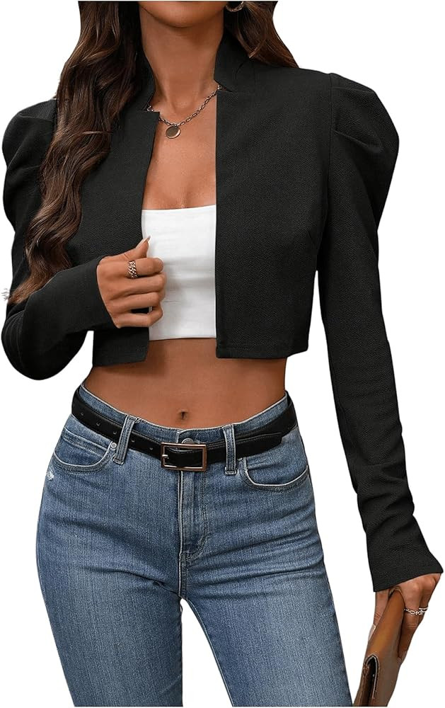 MakeMeChic Women's Business Casual Blazers Long Puff Sleeve Open Front Work Office Cropped Blazer... | Amazon (US)