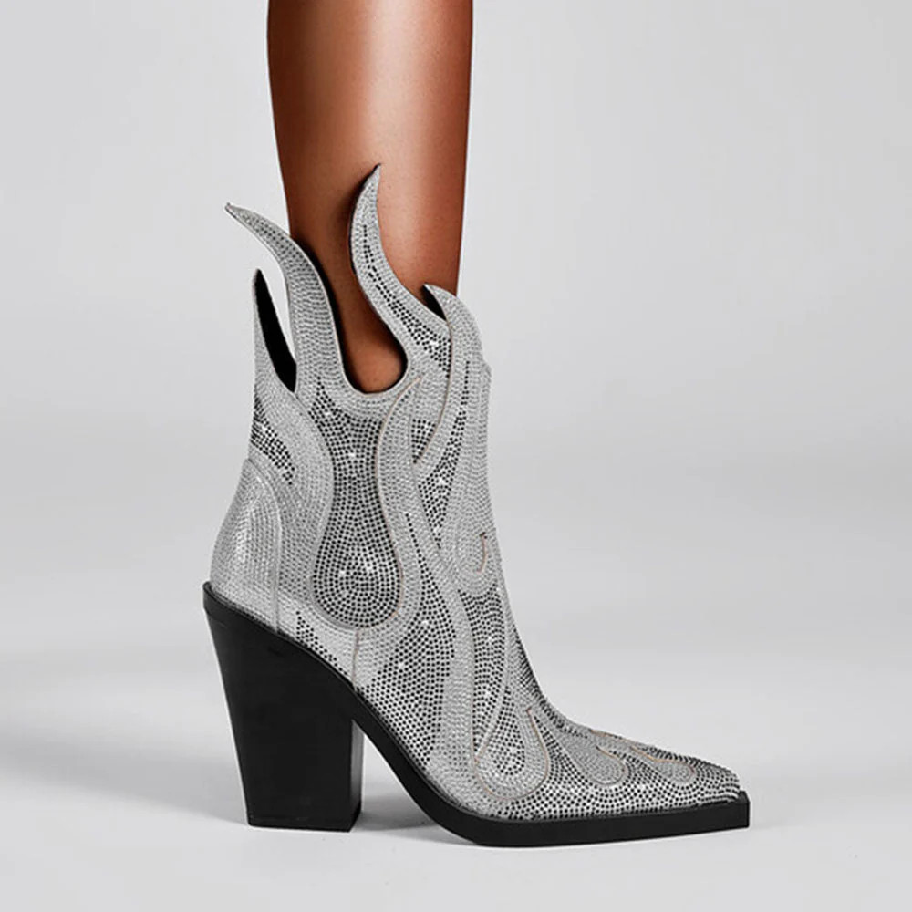 Fashionella Rhinestone Flame Shape Mid-calf Western Cowgirl Boots | 5 / Silver | Casual Chic Boutique