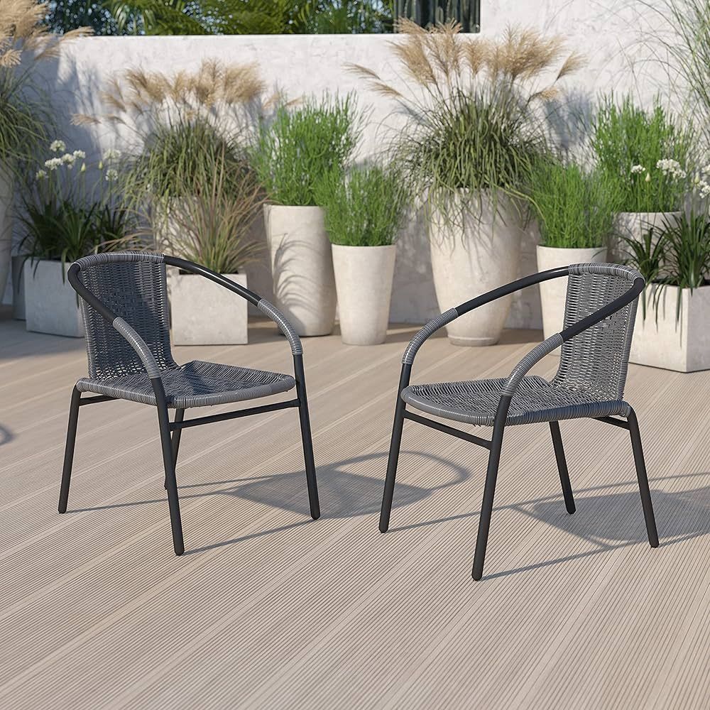 Flash Furniture 2 Pack Gray Rattan Indoor-Outdoor Restaurant Stack Chair | Amazon (US)
