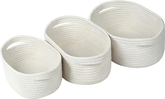 RUNKA White Storage Basket Set of 3, Soft Woven Cotton Rope Shelf Baskets with Handles,Organizer ... | Amazon (US)