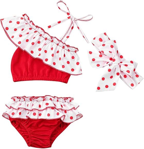 Toddler Baby Girl Swimwear Ruffle Polka Dot Bikini Set with Headband Three-Piece Swimsuit Bathing... | Amazon (US)