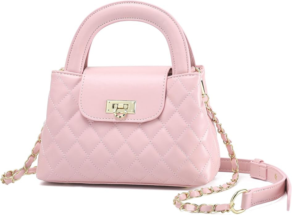 Small Quilted Crossbody Purse for Women, Faux Leather Top Handle Bag with Chain Strap, Elegant Mi... | Amazon (US)