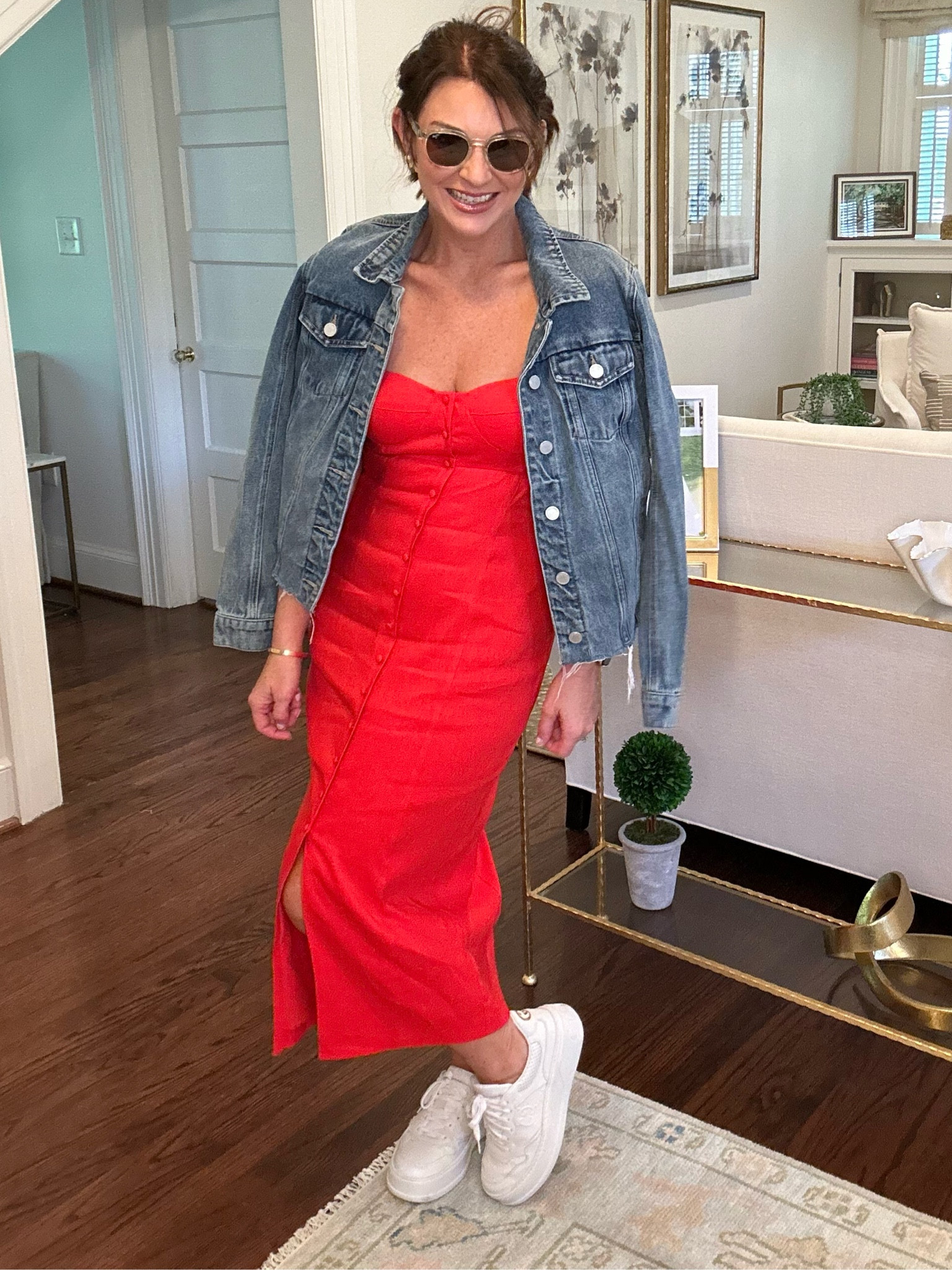 Memorial Day outfit. July 4th outfit. Summer dress. Runs tts. Wearing size 6. Red dress. Sun dress. Red strapless dress. Date night dress. Casual dress. Denim jacket. 

#LTKsalealert #LTKstyletip #LTKSeasonal