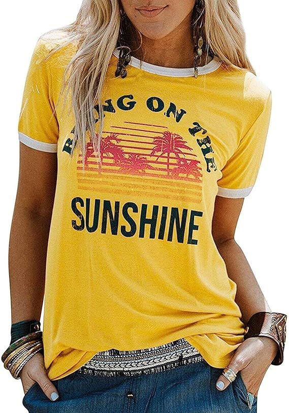 YEXIPO Womens Bring On The Sunshine T-Shirt Graphic Tees Letter Printed Loose Casual Summer Funny... | Amazon (US)