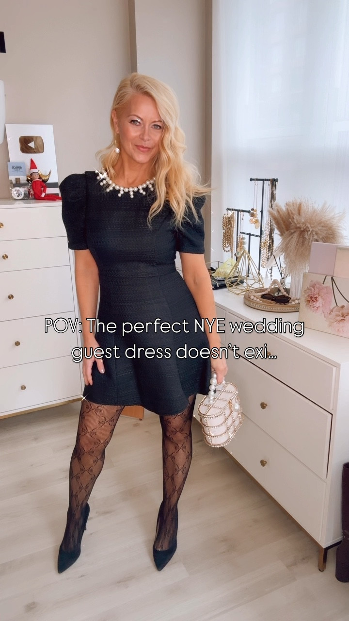NYE wedding guest dress, holiday outfit, black tweed mini dress with pearl detail 

I’m 5’3” tall and 120 lbs 
Dress is XS

#LTKWatchNow #LTKHoliday #LTKStyleTip