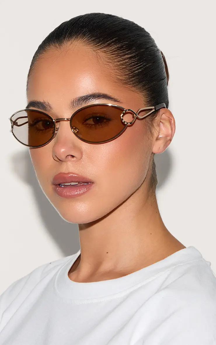 Gold Oval Arm Detail Sunglasses | PrettyLittleThing USA | PrettyLittleThing US