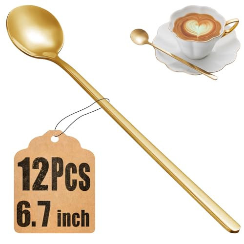 12 Pcs Coffee Spoons Set, 6.7" Gold Tea Spoons Long Handle, Gold Small Teaspoons, Stainless Steel Espresso Spoon, Long Spoon for Stirring, Coffee Bar Accessories | Amazon (US)