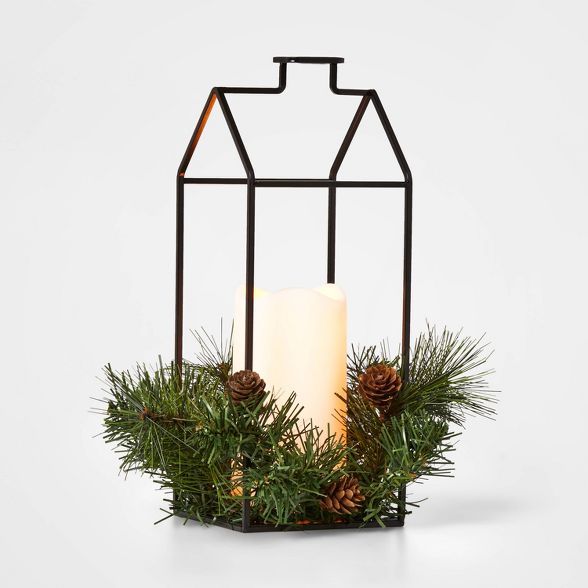 LIT Metal Lantern Decorative Figurine Black with Greenery - Wondershop™ | Target