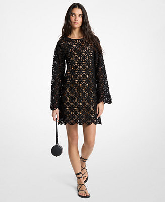 Michael Kors Women's Crochet Crewneck Long-Sleeve Mini Dress - Macy's | Macy's