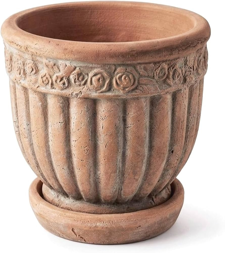 8" Rustic Weathered Terracotta Plant Pot with Saucer, Embossed Rose Pattern Planter with Drainage... | Amazon (US)