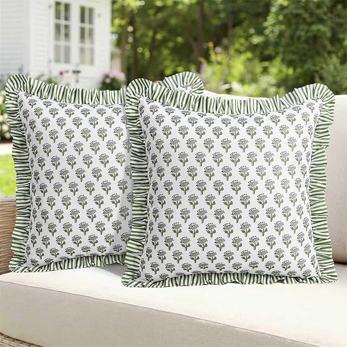 cygnus Green Floral Outdoor Pillow Covers 18x18 Inch Waterproof Ruffle Decorative Spring Summer T... | Amazon (US)